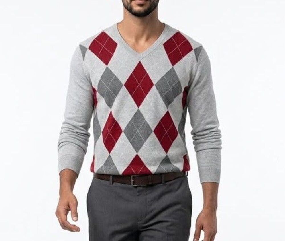 Old Navy On Sweater Mens XL Gray Argyle Diamond V Neck Long Sleeve Winter Warm